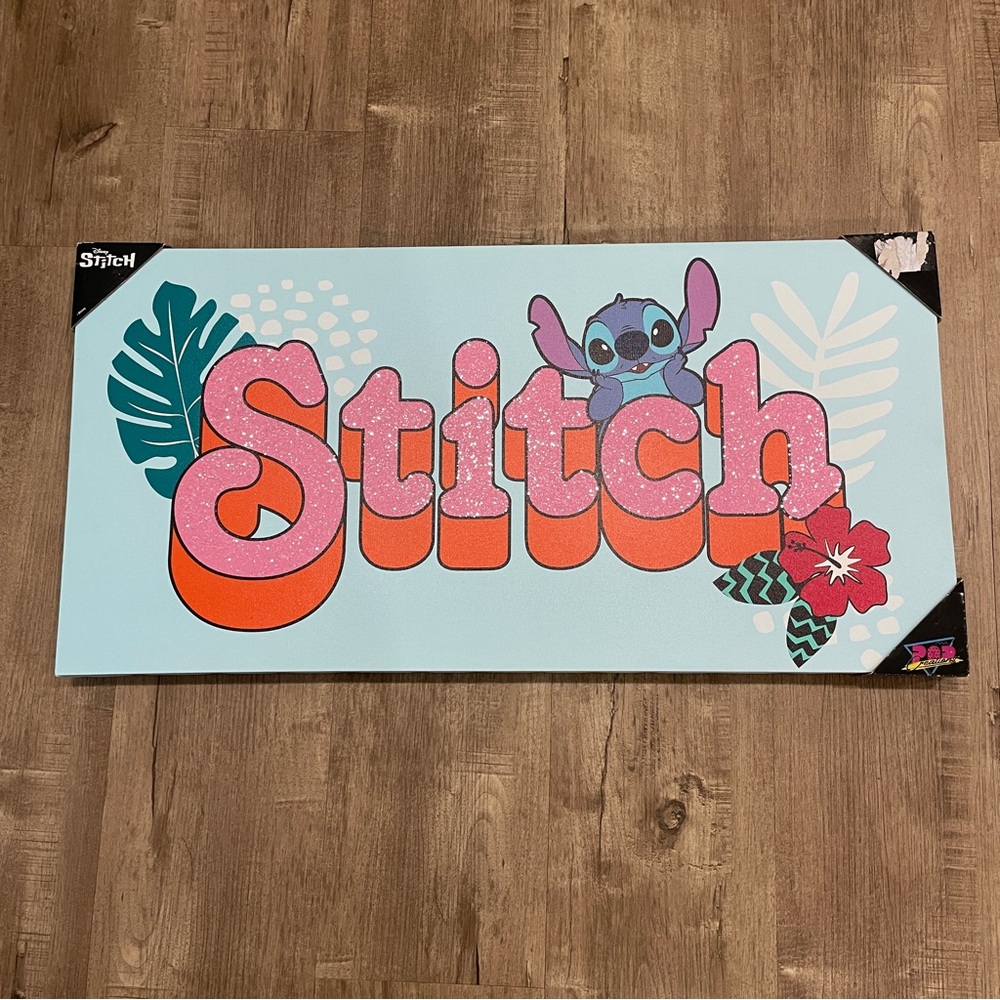 NEW Disney Lilo & Stitch Creations Glitter Canvas Wall Art Tropical Blue Pink